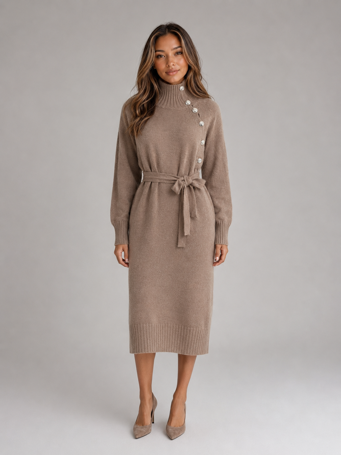 Women’s Cotton Knitted Midi Dress – Turtleneck Belted Sweater Dress