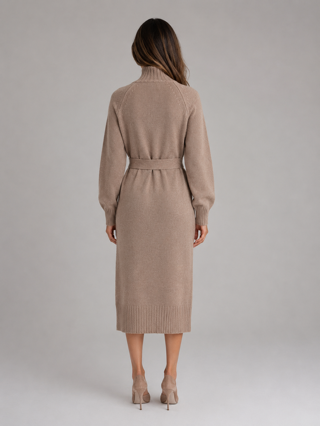 Women’s Cotton Knitted Midi Dress – Turtleneck Belted Sweater Dress