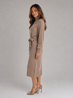 Women’s Cotton Knitted Midi Dress – Turtleneck Belted Sweater Dress