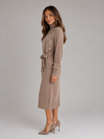 Women’s Cotton Knitted Midi Dress – Turtleneck Belted Sweater Dress