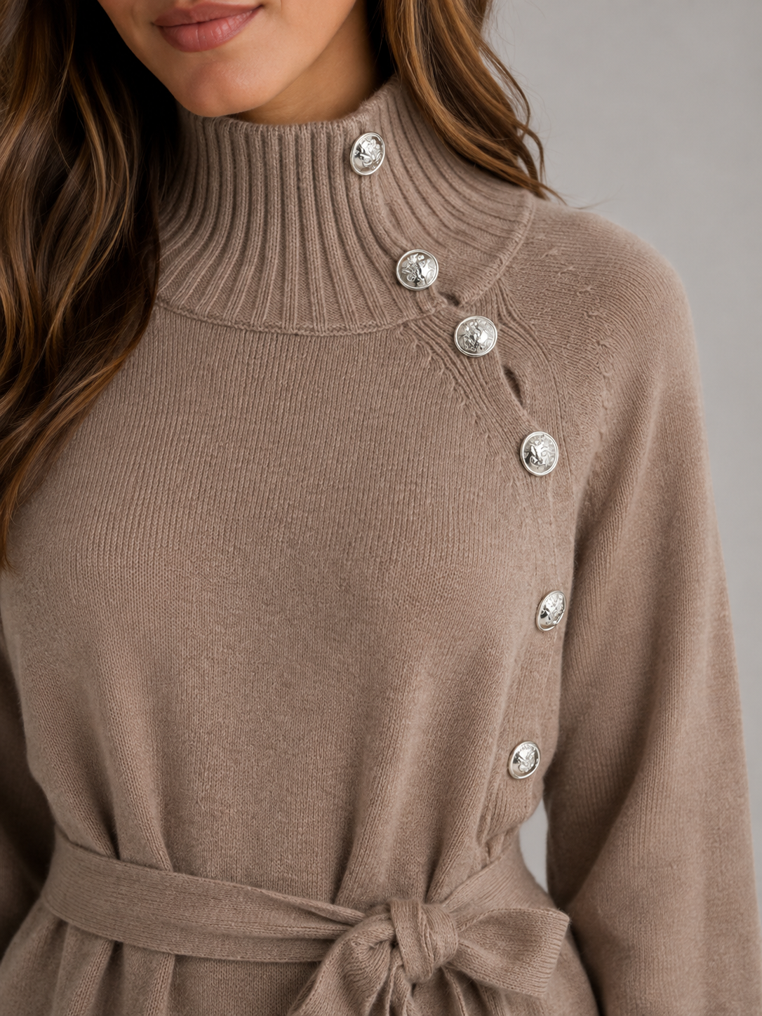 Women’s Cotton Knitted Midi Dress – Turtleneck Belted Sweater Dress