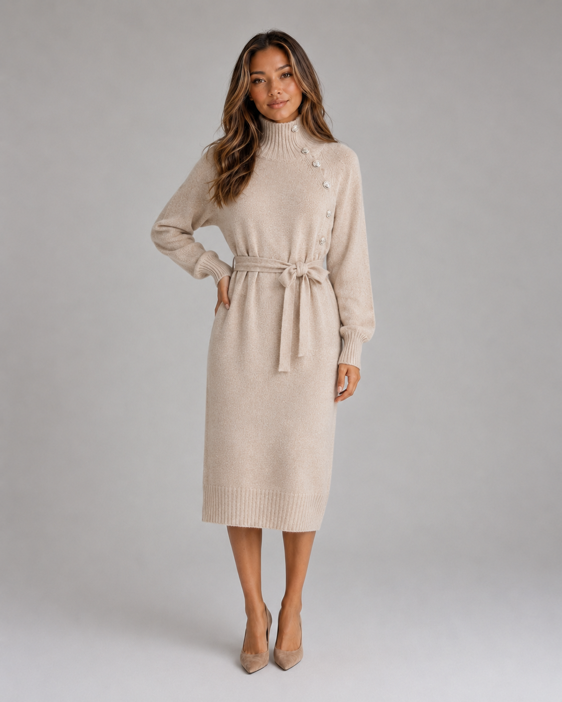 Women’s Cotton Knitted Midi Dress – Turtleneck Belted Sweater Dress