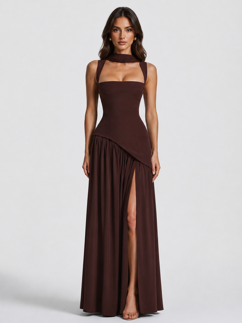 Women’s Draped Satin Feel Maxi Dress – Sculpted Elegant Silhouette