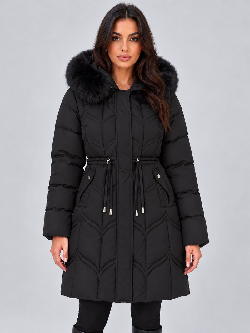 Women’s Faux Fur Hooded Puffer Coat – Quilted Drawstring Winter Parka Jacket
