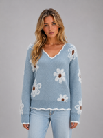 Women's Floral V-Neck Sweater – Soft Knit Flower Pullover