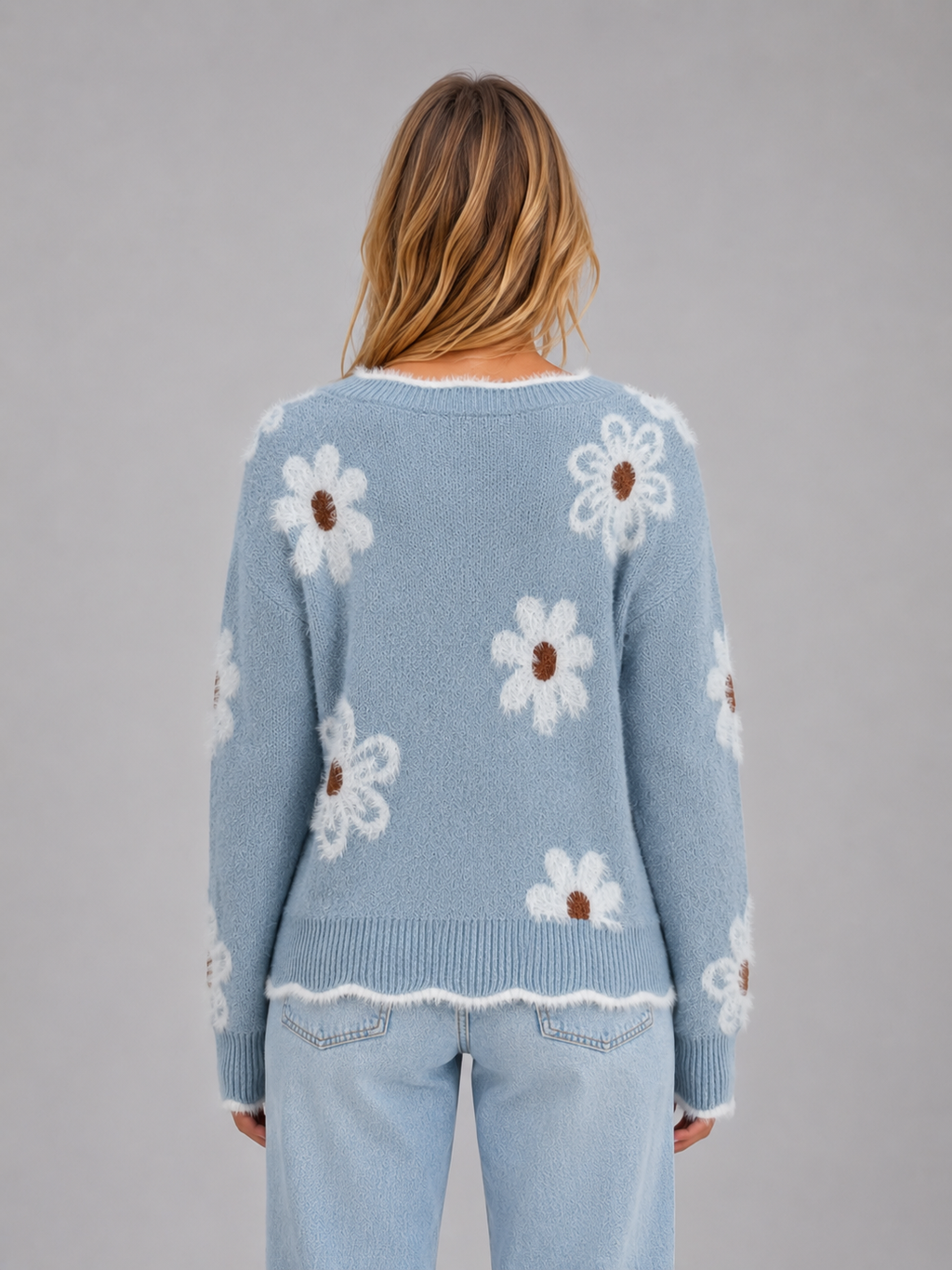 Women's Floral V-Neck Sweater – Soft Knit Flower Pullover