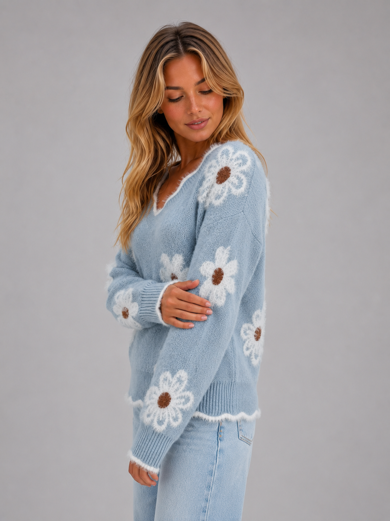 Women's Floral V-Neck Sweater – Soft Knit Flower Pullover