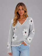 Women's Floral V-Neck Sweater – Soft Knit Flower Pullover