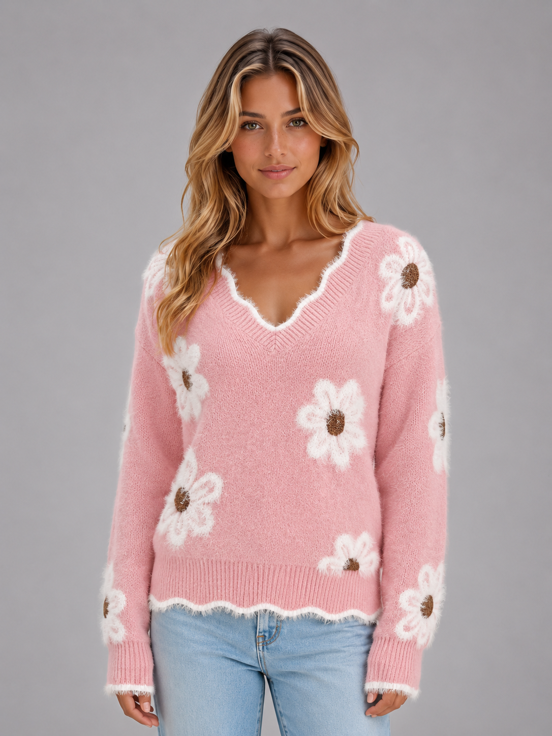 Women's Floral V-Neck Sweater – Soft Knit Flower Pullover