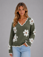 Women's Floral V-Neck Sweater – Soft Knit Flower Pullover