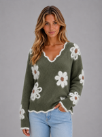 Women's Floral V-Neck Sweater – Soft Knit Flower Pullover