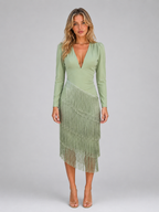 Women's Fringe Midi Occasion Dress – Long Sleeve Eveningwear