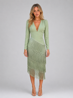 Women's Fringe Midi Occasion Dress – Long Sleeve Eveningwear