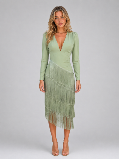Women's Fringe Midi Occasion Dress – Long Sleeve Eveningwear