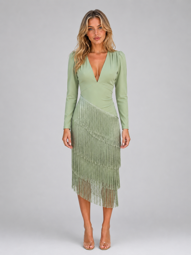 Women's Fringe Midi Occasion Dress – Long Sleeve Eveningwear