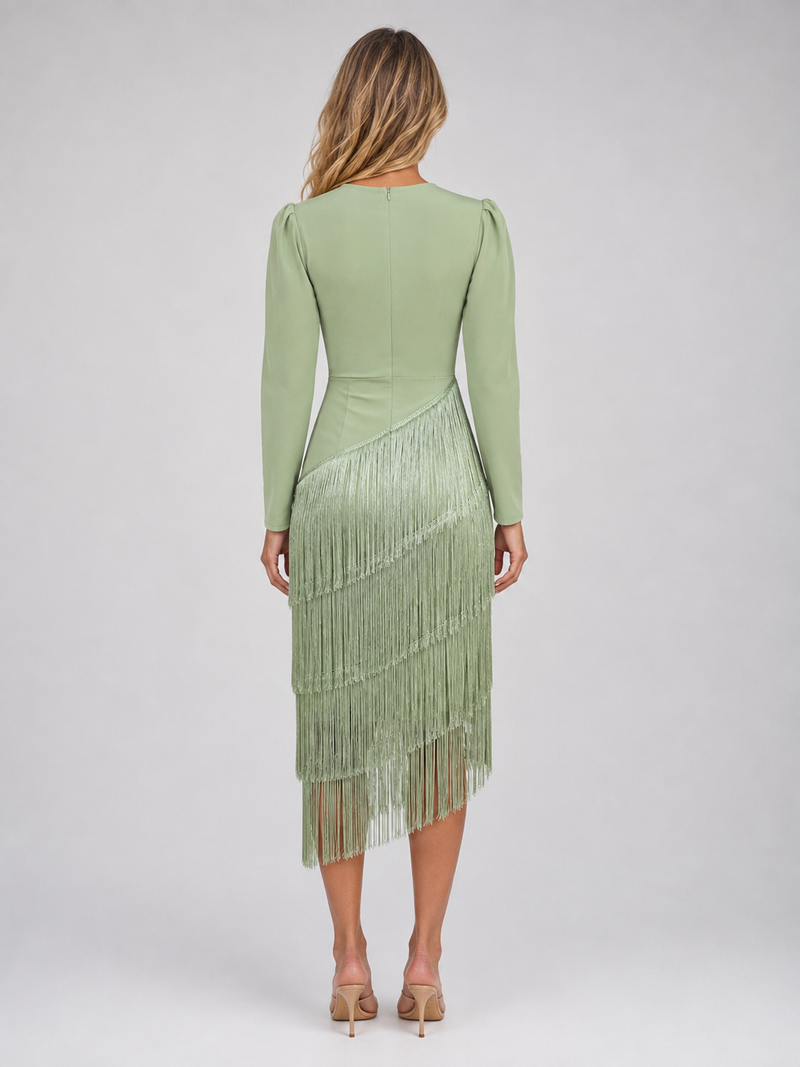 Women's Fringe Midi Occasion Dress – Long Sleeve Eveningwear