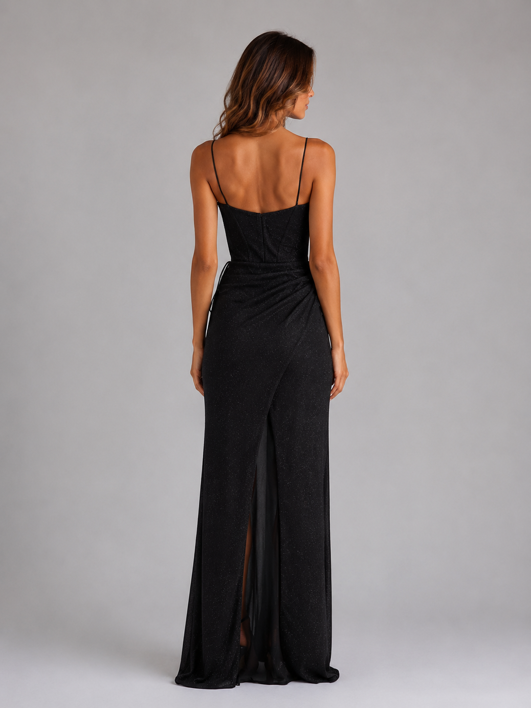 Women’s Glitter Corset Maxi Dress – Cowl Neck Ruched Evening Gown