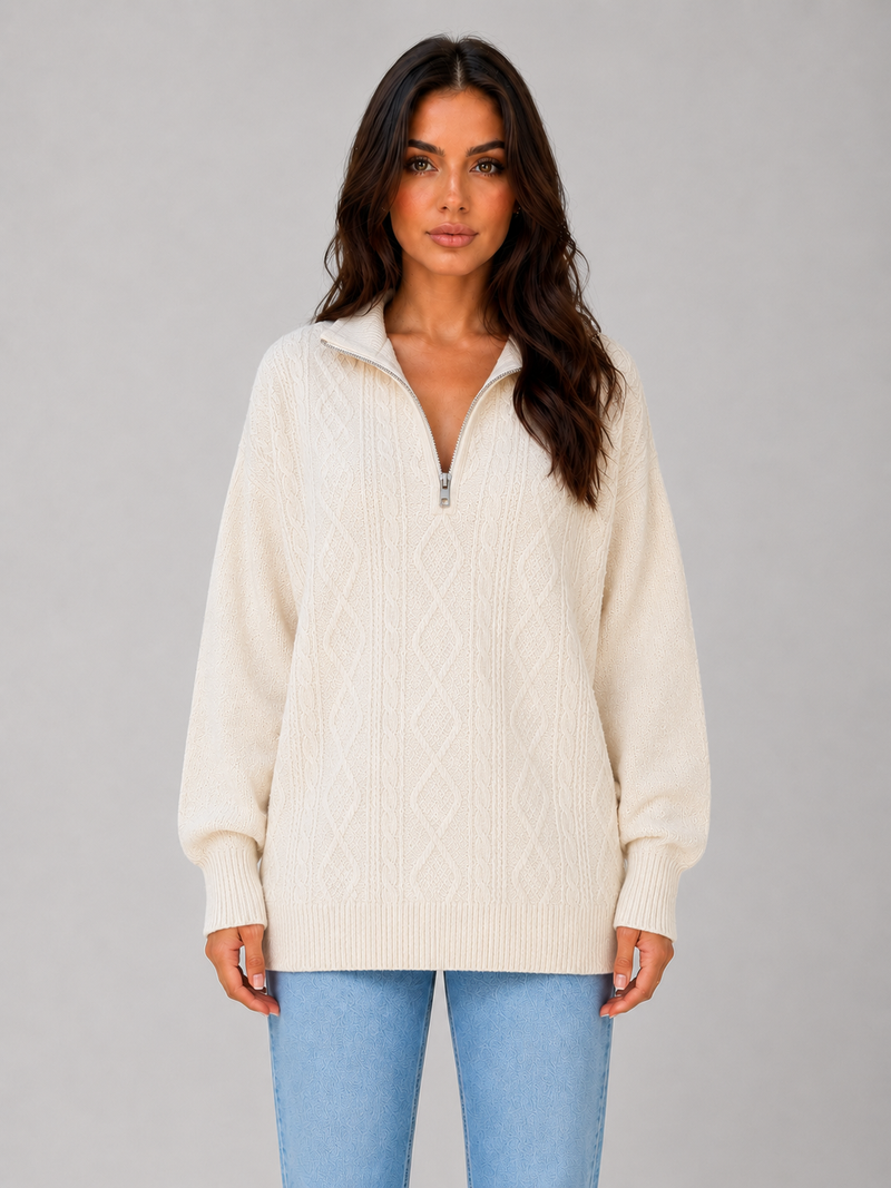 Women's Half Zip Cable Knit Jumper – Chunky Winter Sweater