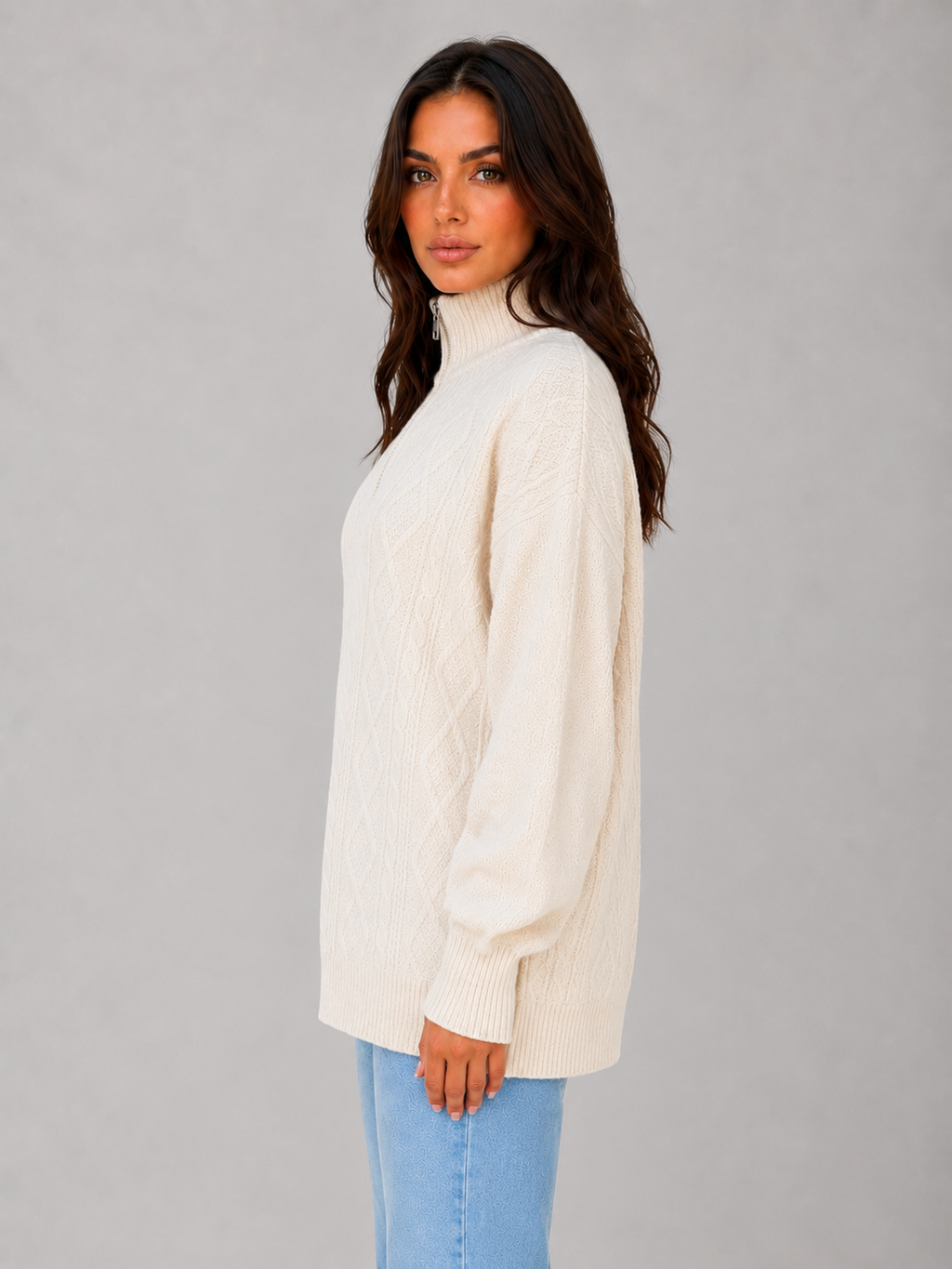 Women's Half Zip Cable Knit Jumper – Chunky Winter Sweater