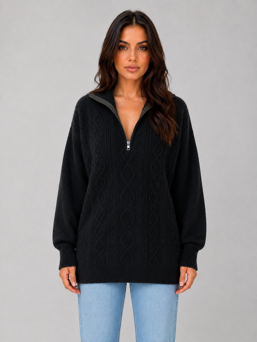 Women's Half Zip Cable Knit Jumper – Chunky Winter Sweater
