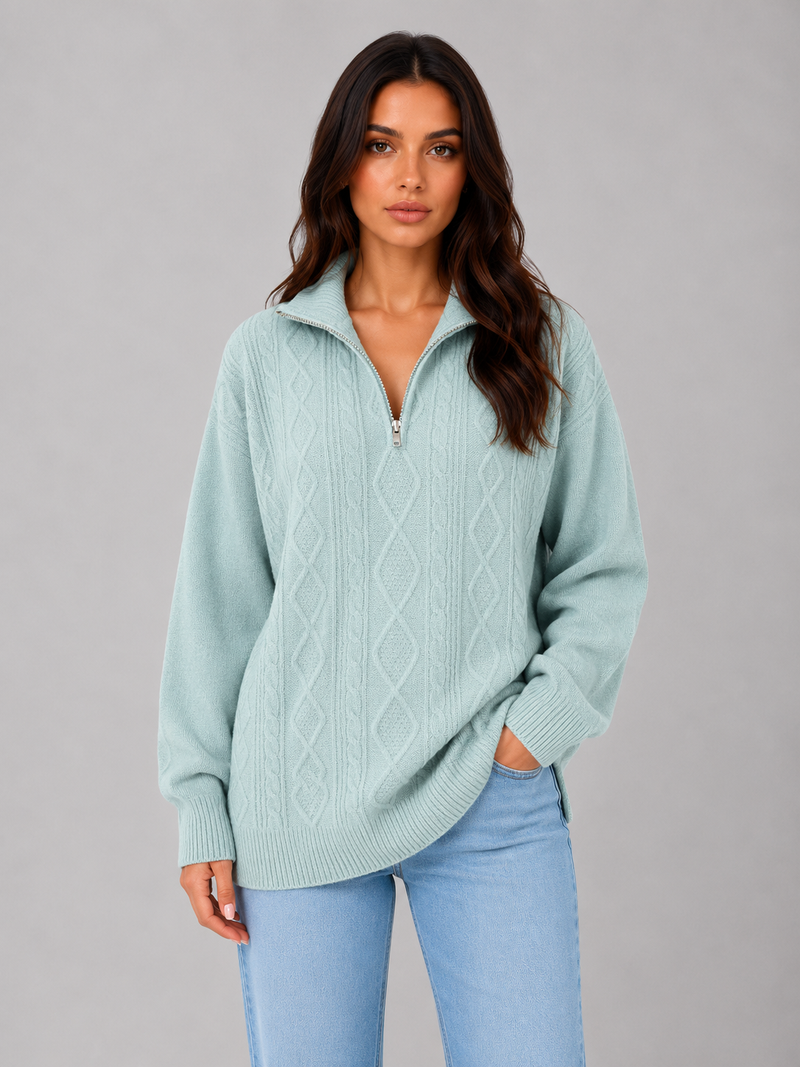 Women's Half Zip Cable Knit Jumper – Chunky Winter Sweater