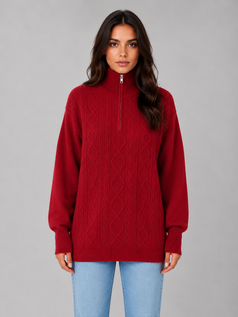 Women's Half Zip Cable Knit Jumper – Chunky Winter Sweater