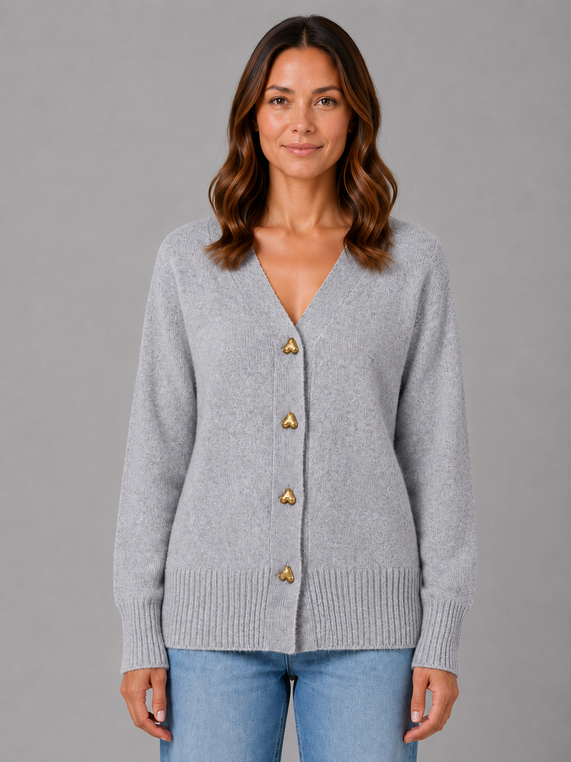 Women's Heart Button Cardigan – Soft Knit V-Neck Button Front Sweater