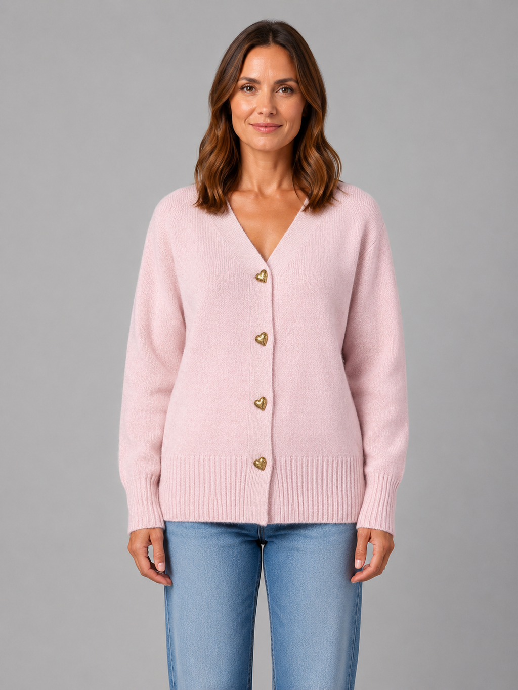 Women's Heart Button Cardigan – Soft Knit V-Neck Button Front Sweater