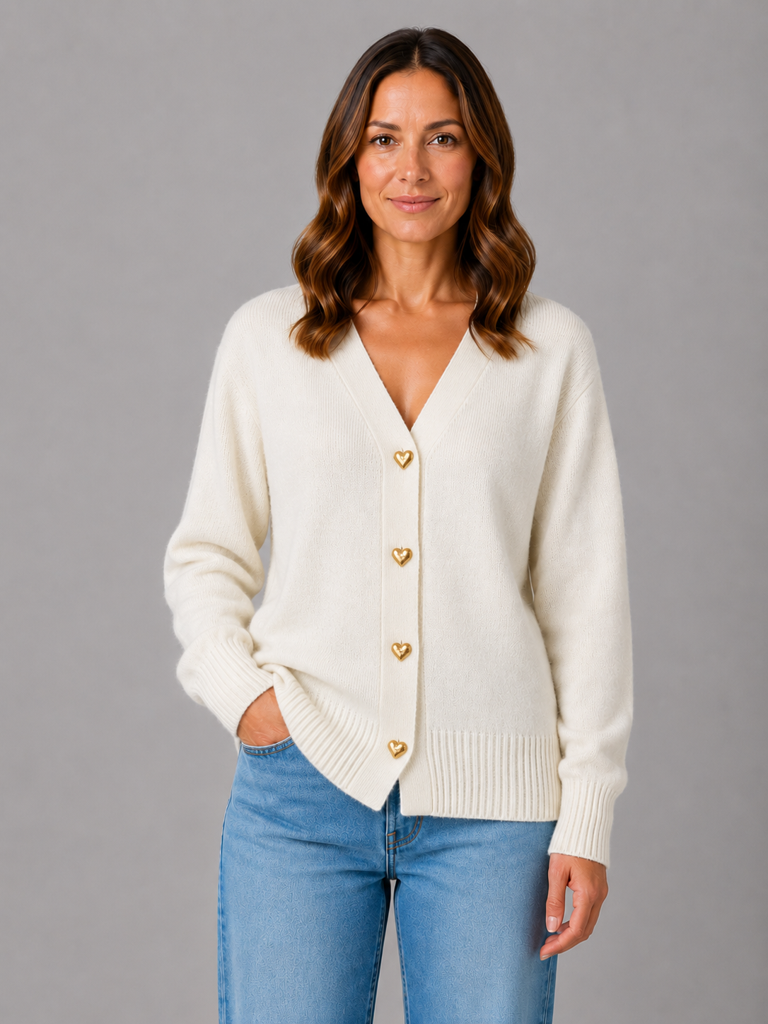Women's Heart Button Cardigan – Soft Knit V-Neck Button Front Sweater