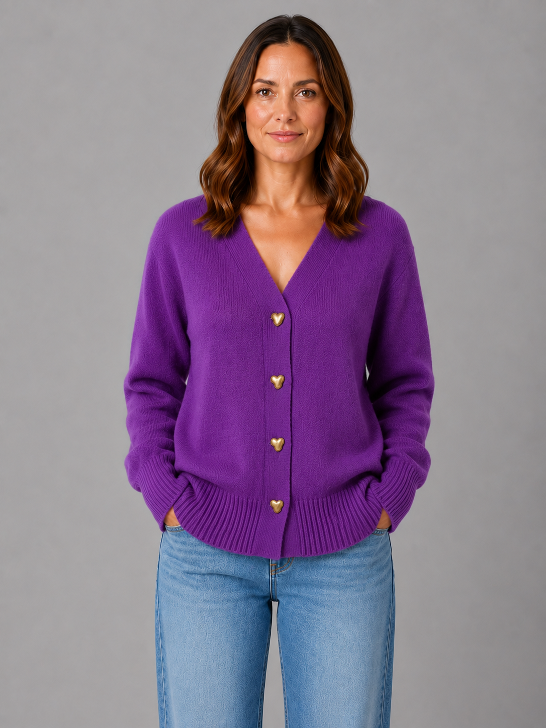 Women's Heart Button Cardigan – Soft Knit V-Neck Button Front Sweater