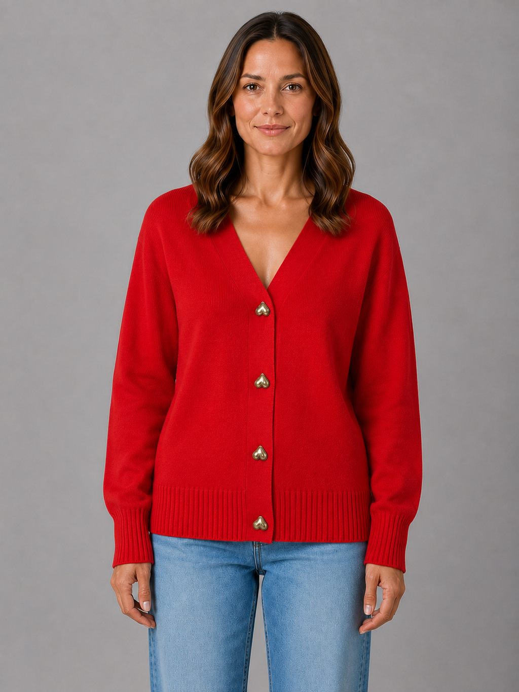 Women's Heart Button Cardigan – Soft Knit V-Neck Button Front Sweater