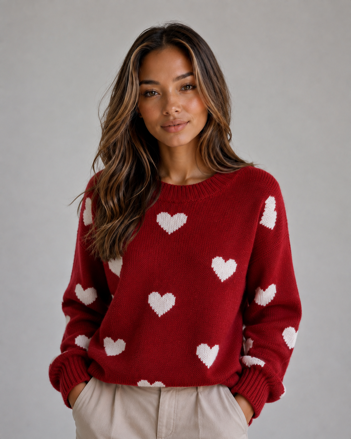 Women’s Heart Print Knitted Sweater – Crew Neck Pullover
