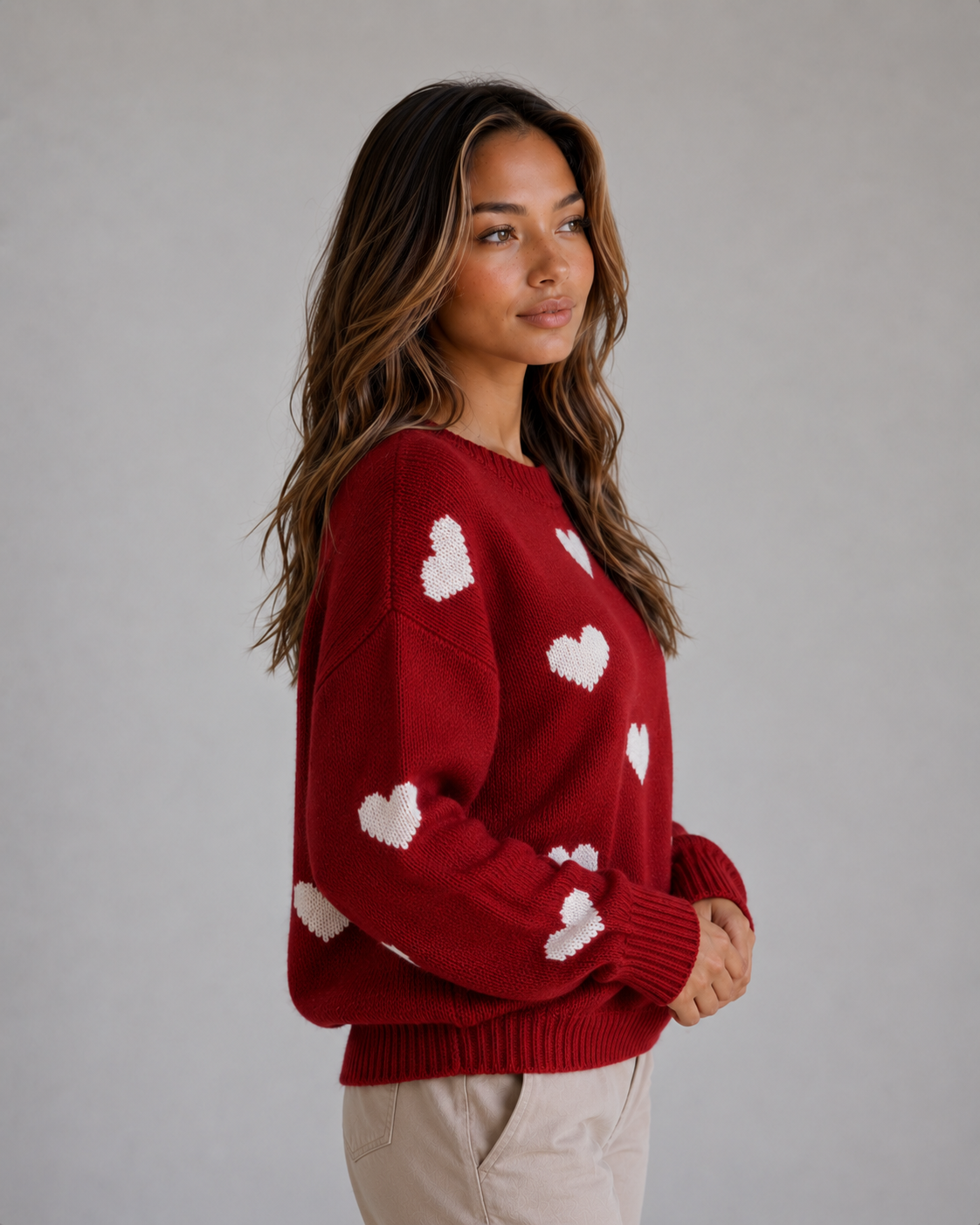 Women’s Heart Print Knitted Sweater – Crew Neck Pullover