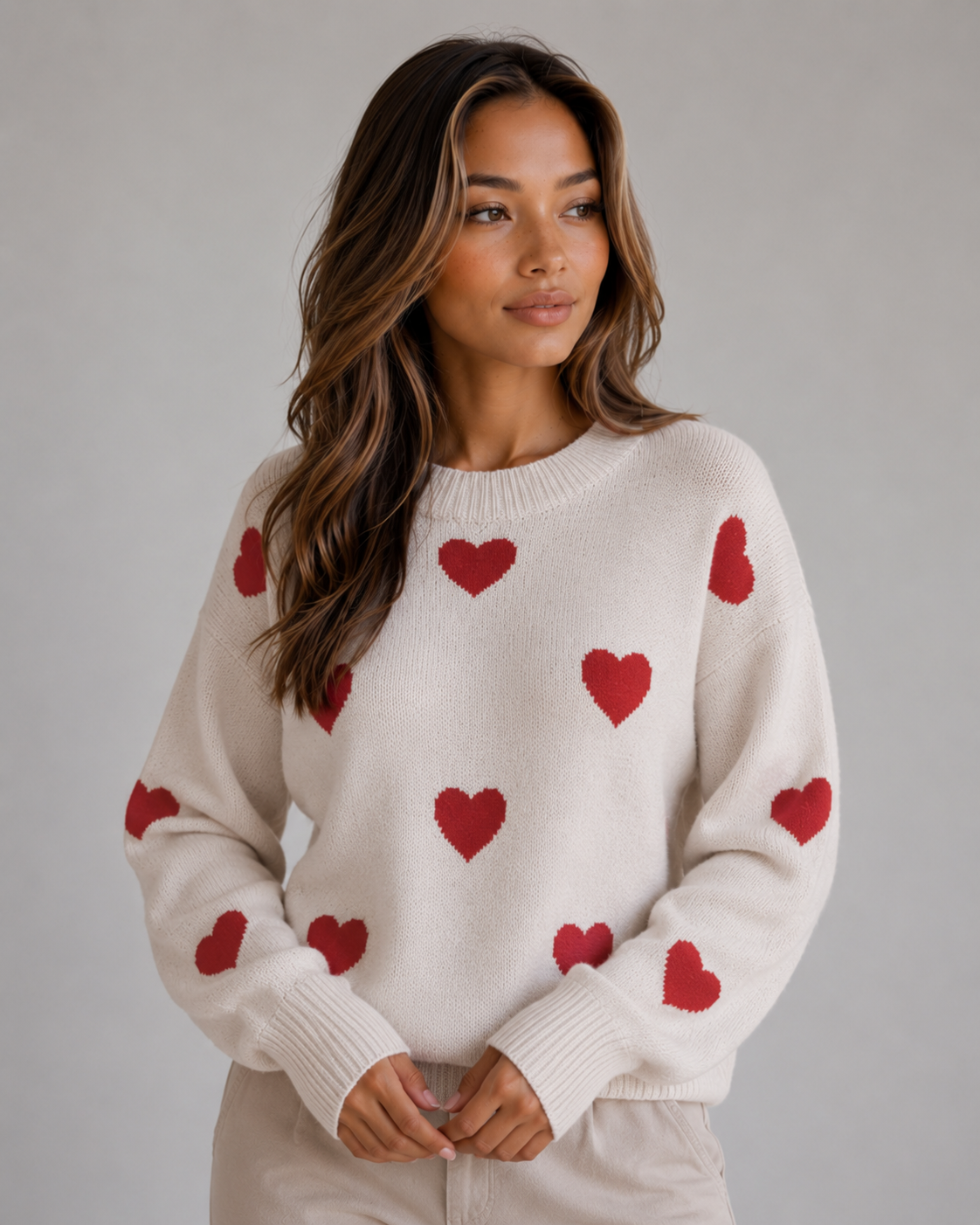 Women’s Heart Print Knitted Sweater – Crew Neck Pullover