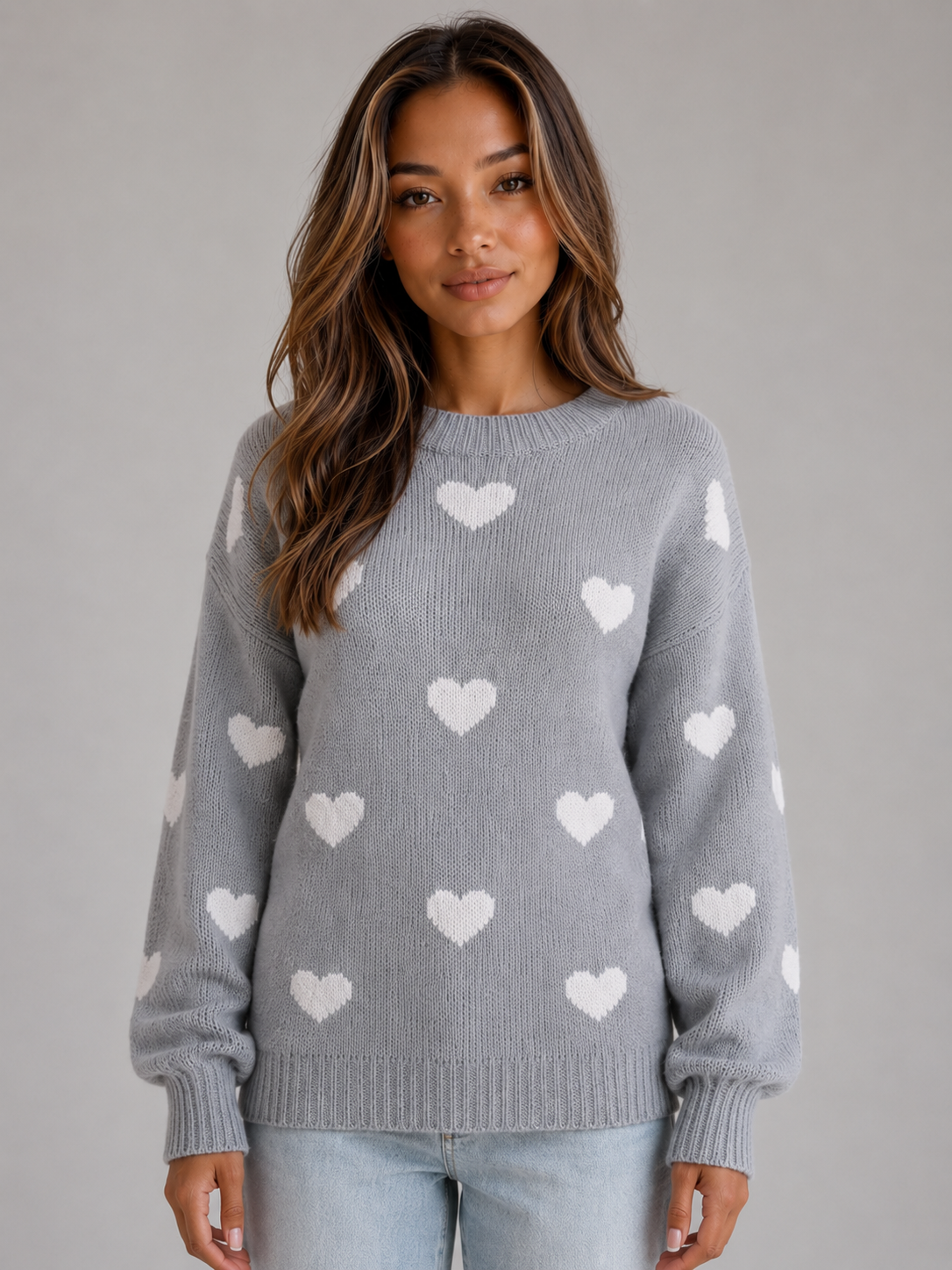 Women’s Heart Print Knitted Sweater – Crew Neck Pullover