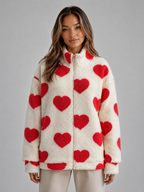 Women’s Heart Print Teddy Jacket – Zip Up Sherpa Fleece