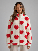 Women’s Heart Print Teddy Jacket – Zip Up Sherpa Fleece