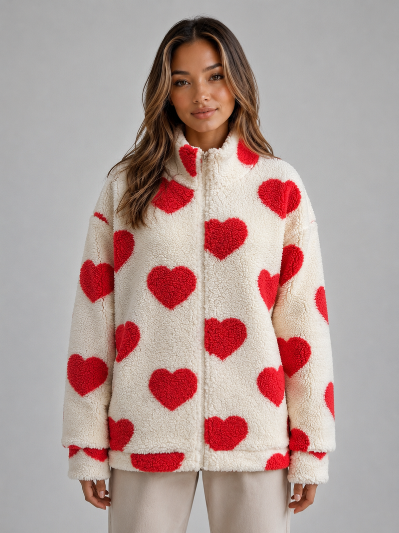 Women’s Heart Print Teddy Jacket – Zip Up Sherpa Fleece