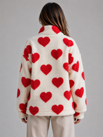 Women’s Heart Print Teddy Jacket – Zip Up Sherpa Fleece