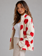 Women’s Heart Print Teddy Jacket – Zip Up Sherpa Fleece