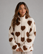 Women’s Heart Print Teddy Jacket – Zip Up Sherpa Fleece