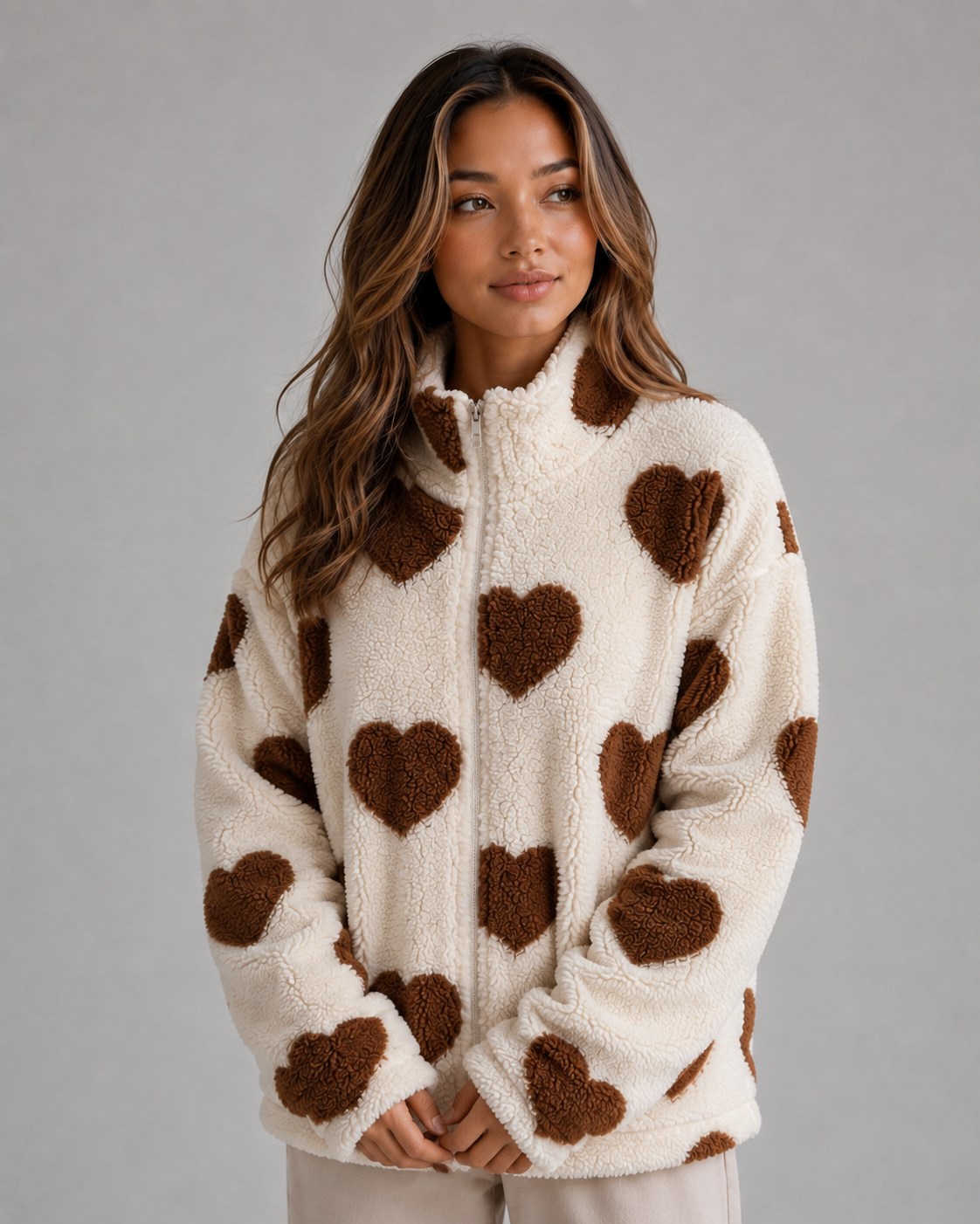 Women’s Heart Print Teddy Jacket – Zip Up Sherpa Fleece