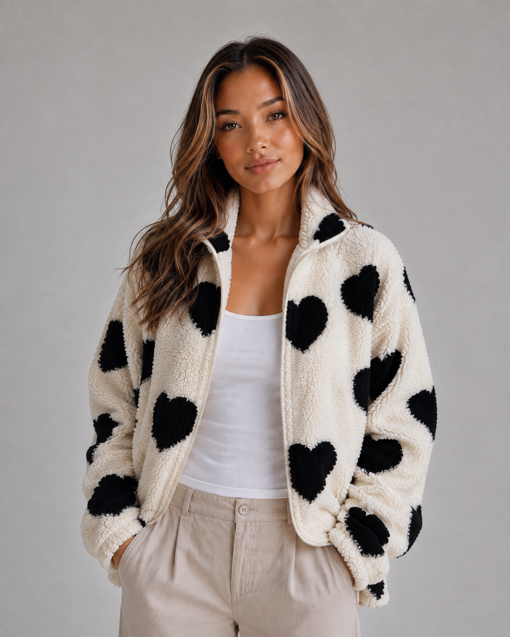 Women’s Heart Print Teddy Jacket – Zip Up Sherpa Fleece