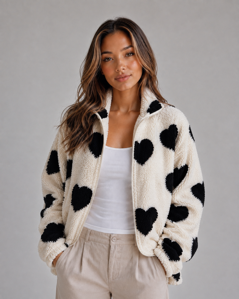 Women’s Heart Print Teddy Jacket – Zip Up Sherpa Fleece