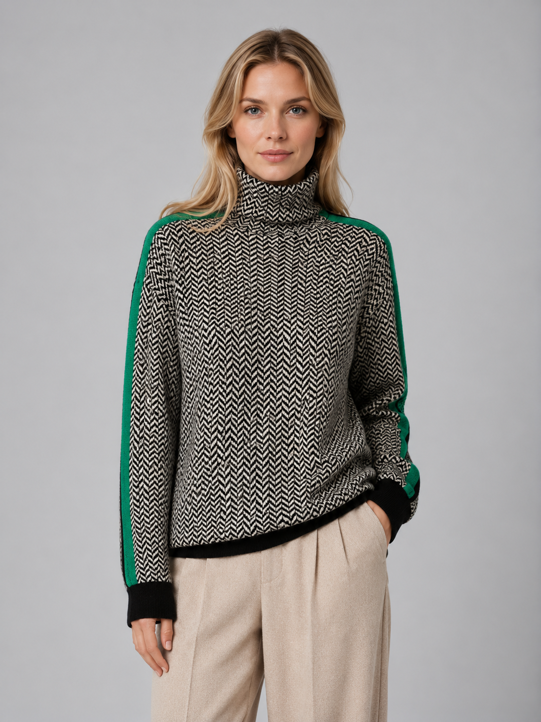 Women's Herringbone Turtleneck Sweater – Soft Knit High Neck Pullover