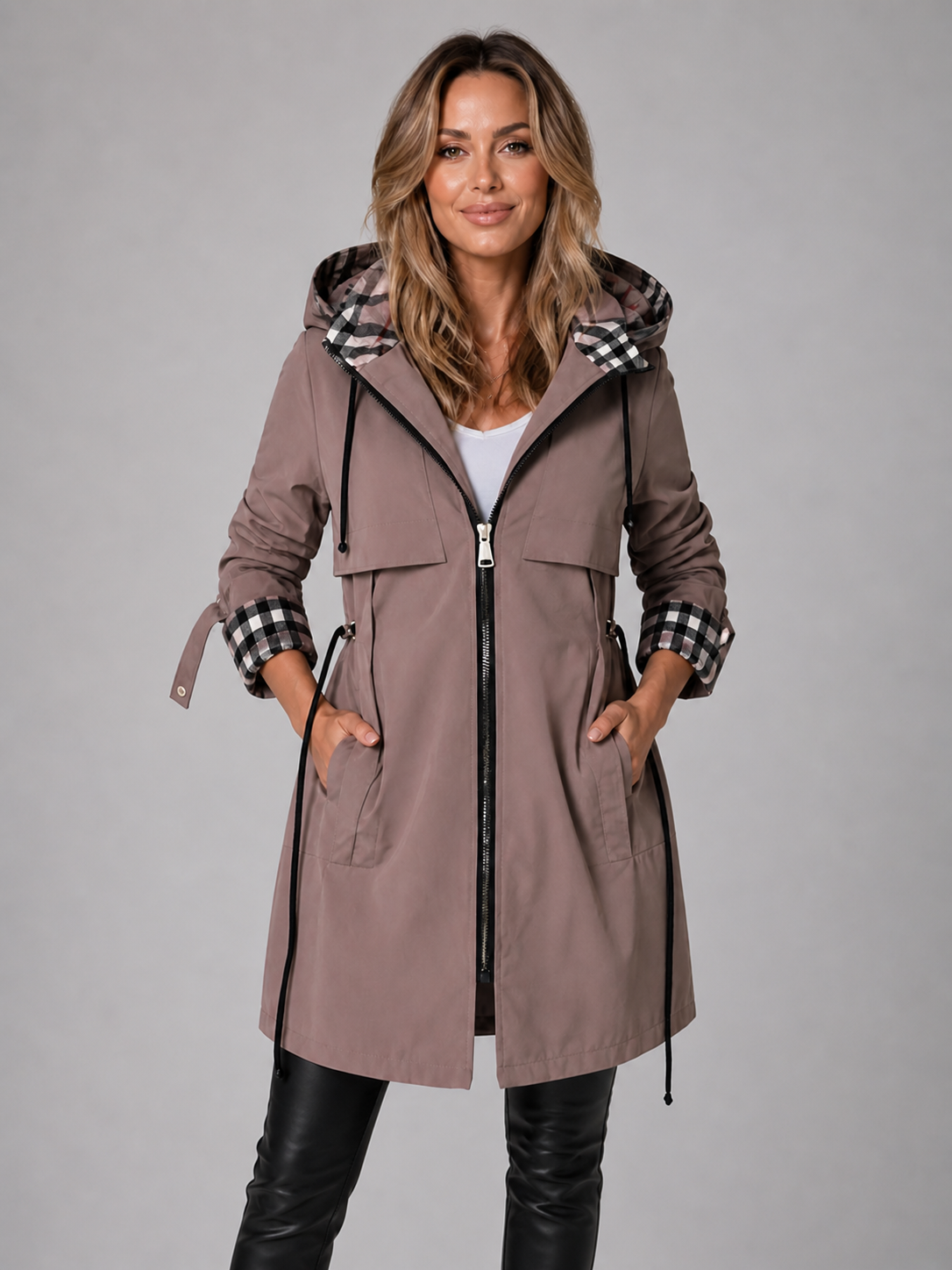 Women’s Hooded Long Jacket – Adjustable Waist Zip Rain Coat