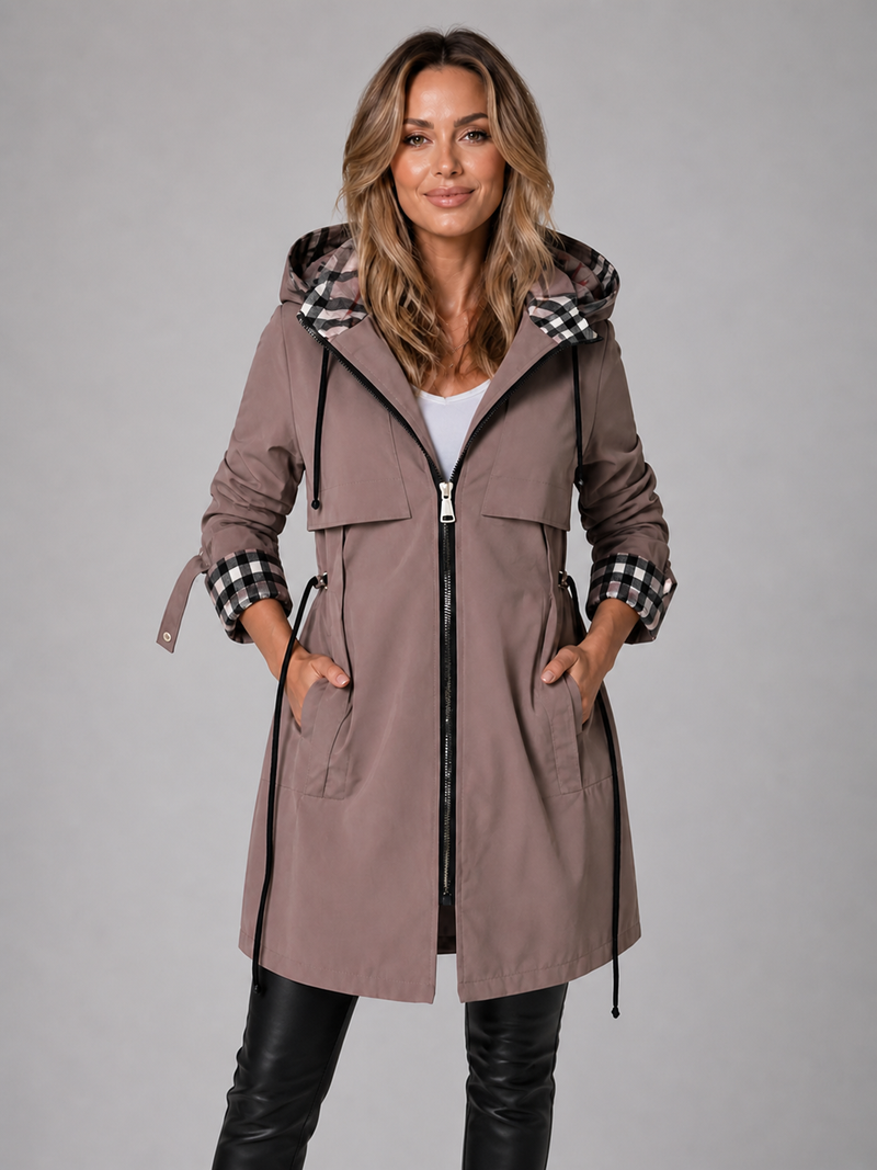 Women’s Hooded Long Jacket – Adjustable Waist Zip Rain Coat