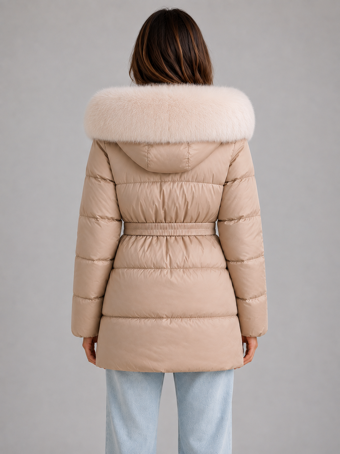Women’s Hooded Puffer Jacket – Faux Fur Trim Belted Winter Coat