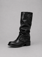 Women’s Knee-High Biker Boots – Buckle Detail Low Heel Boots