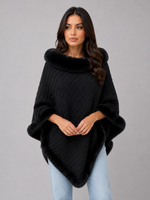 Women’s Knitted Cape Coat – Faux Fur Trim Poncho
